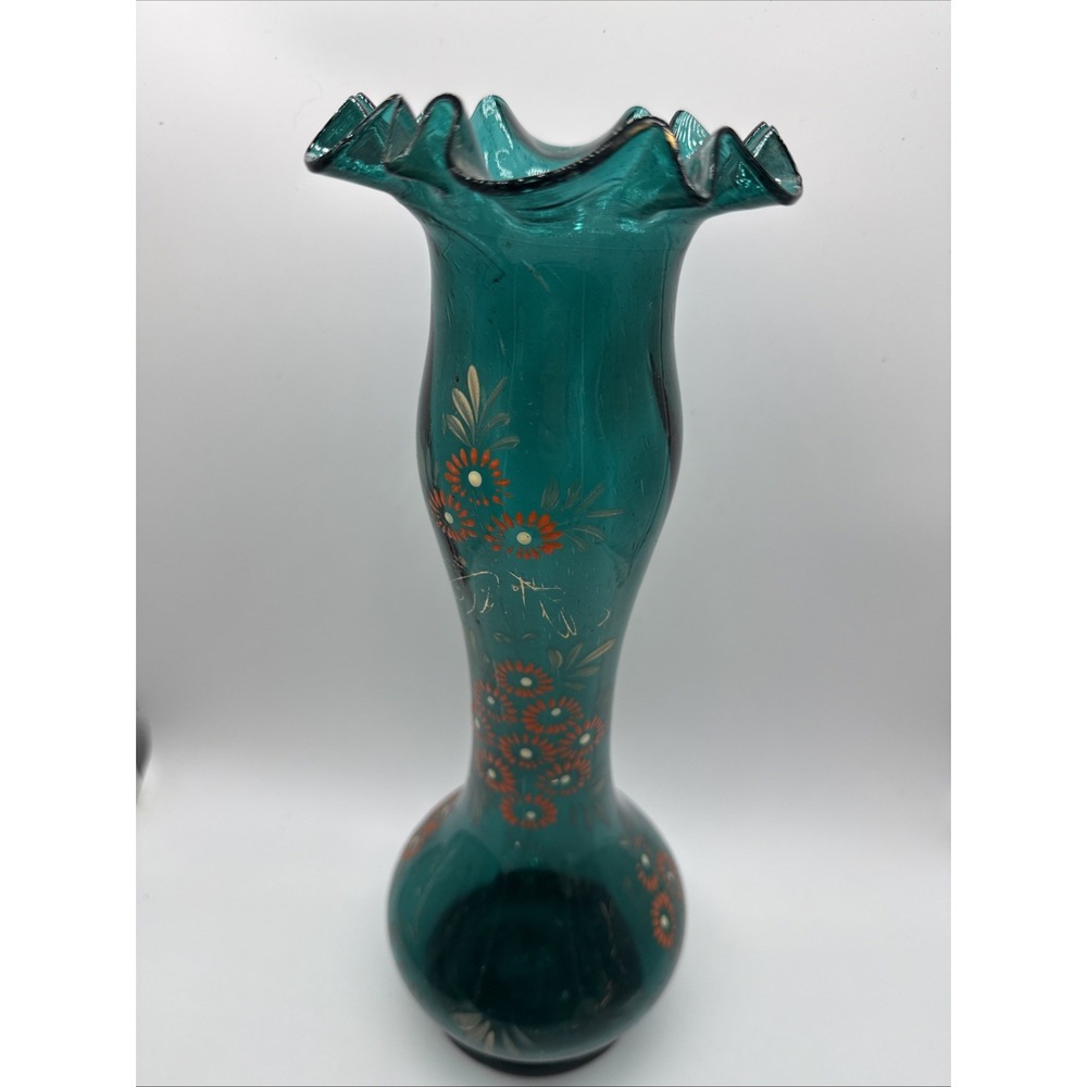 Vintage Ruffle Top Hand Blown Teal Glass Vase Hand Painted 12"